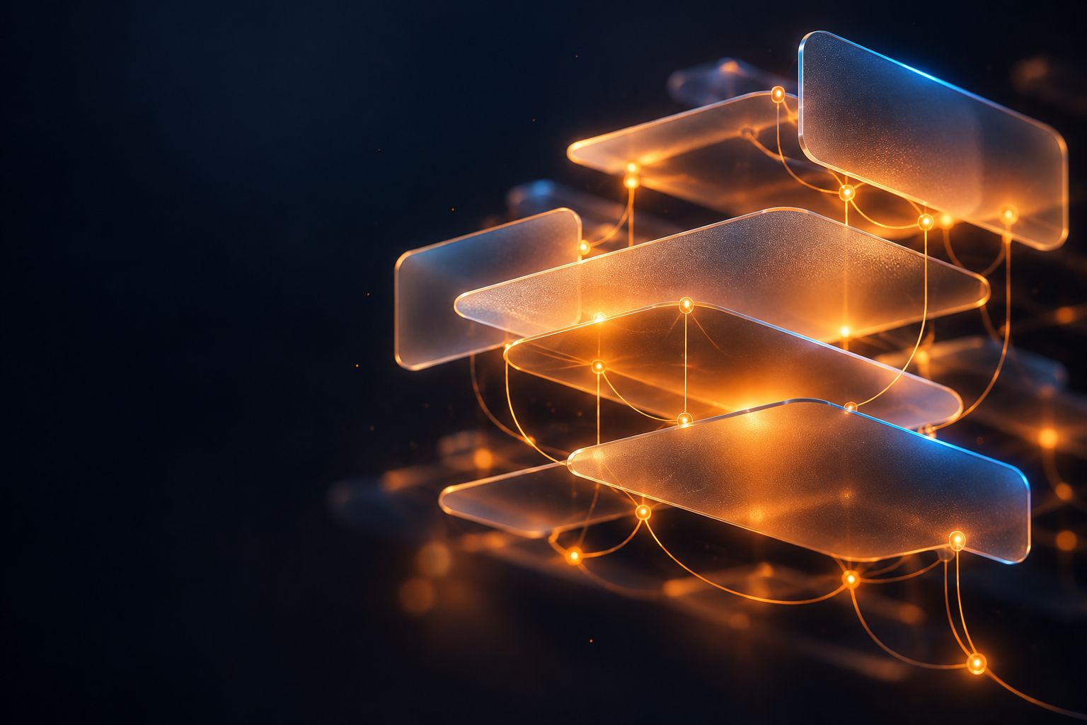 Frosted glass panels floating in a layered stack, joined by fine glowing orange threads.