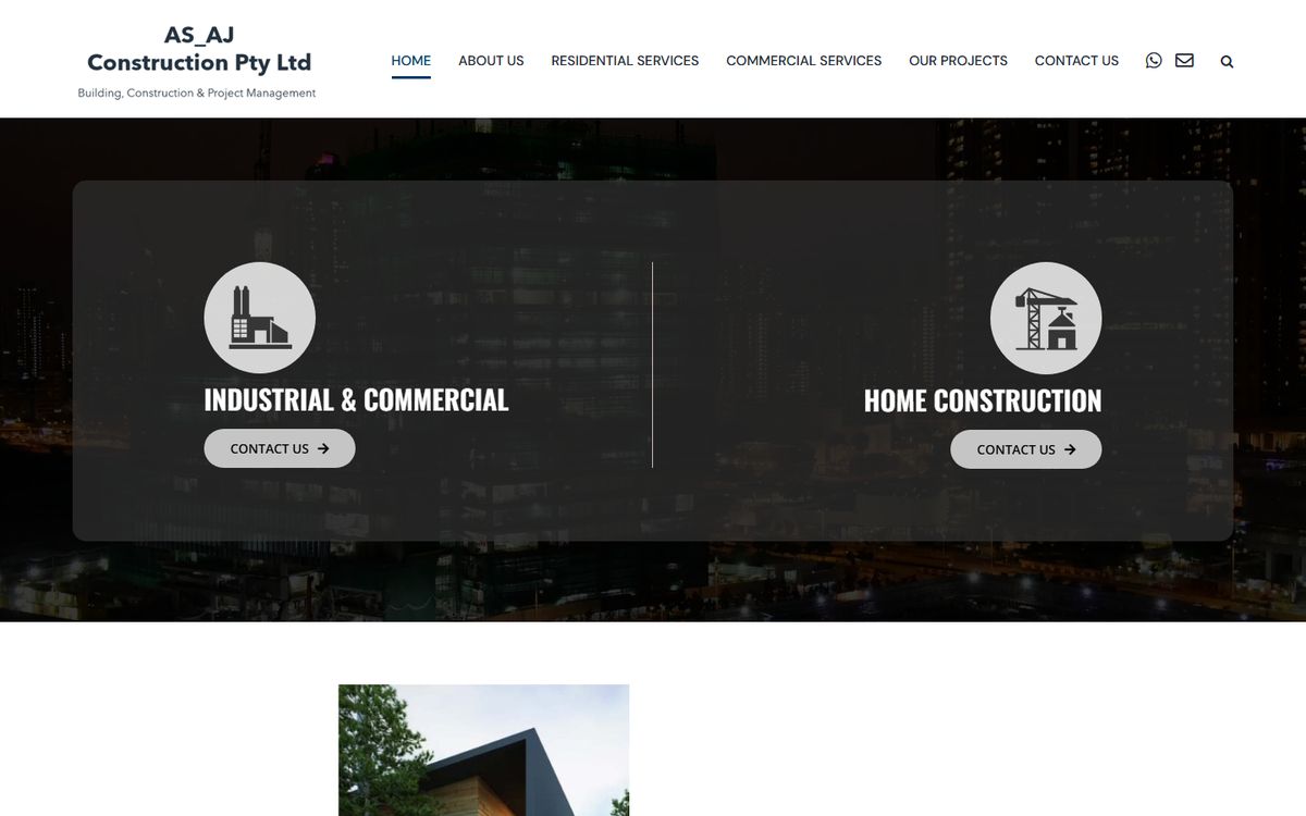 The AS_AJ Construction website: industrial and commercial, and home construction, side by side.