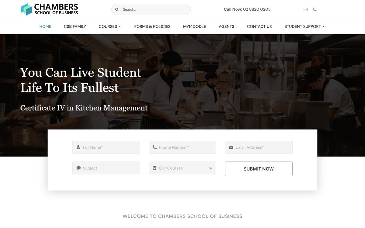 The Chambers School of Business website: course highlights over a kitchen photo and an enquiry form.