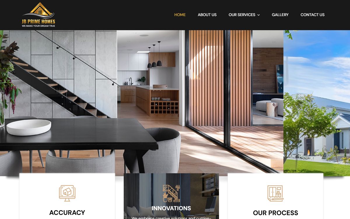 The JB Prime Homes website: a light, modern open-plan interior with a timber stair.