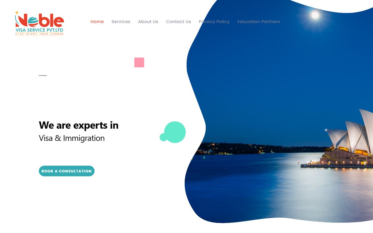 The Noble Visa Services website: visa and immigration experts beside a view of Sydney Harbour.