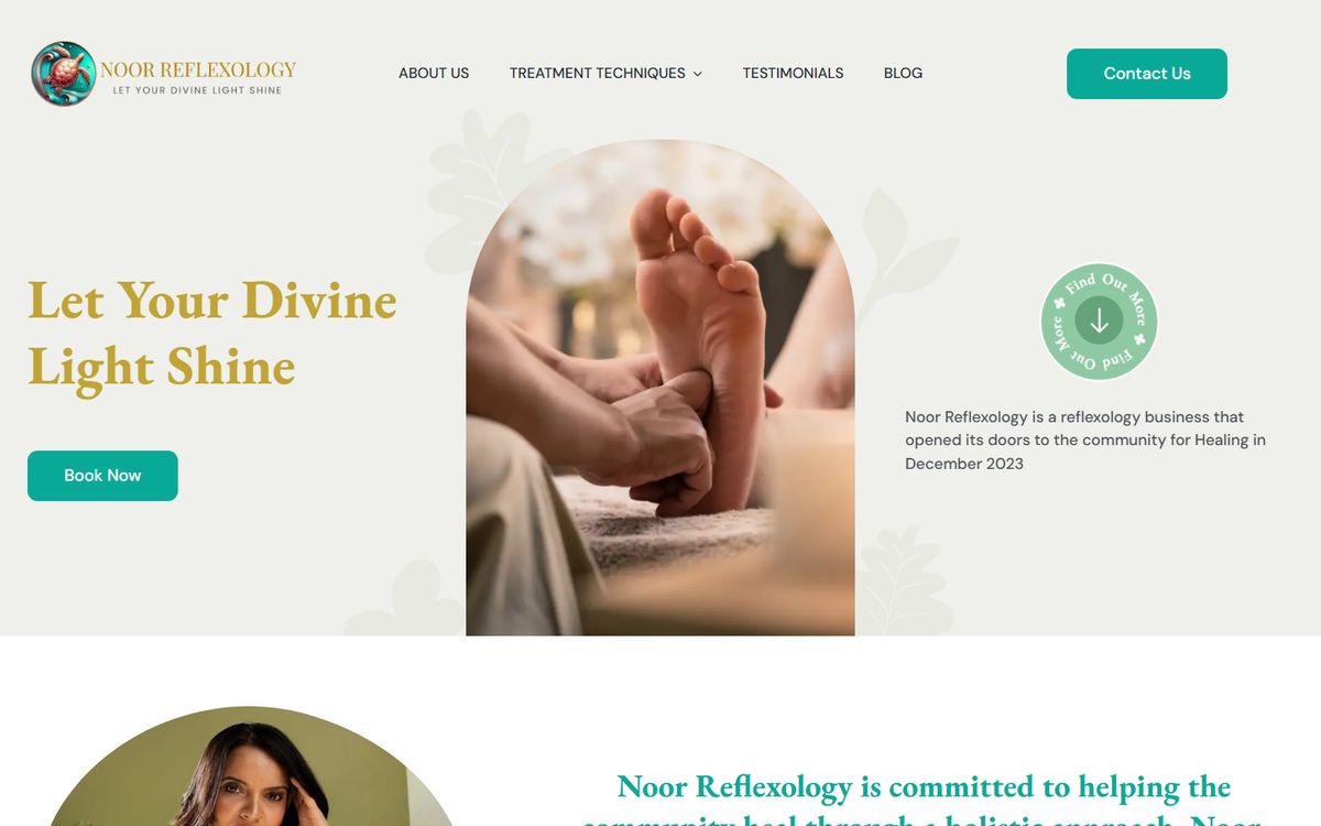 The Noor Reflexology website: a foot reflexology treatment under the line Let your divine light shine.