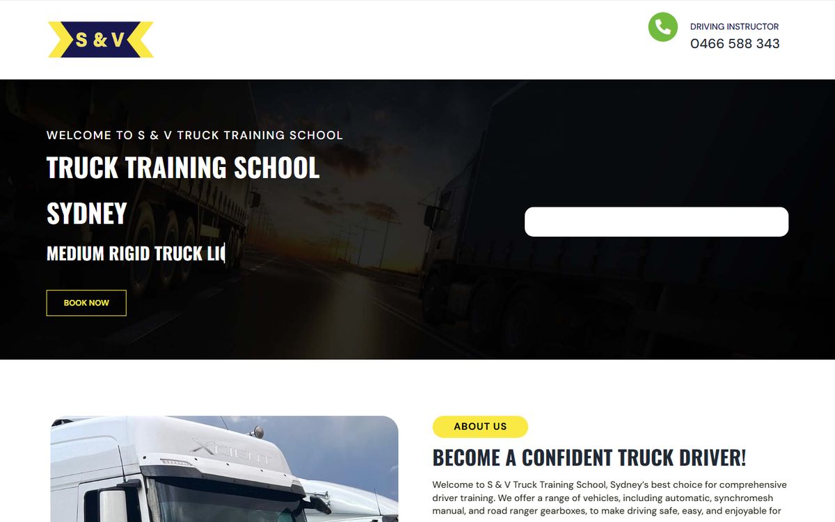 The S & V Truck Training School website: truck training in Sydney, with a booking button.